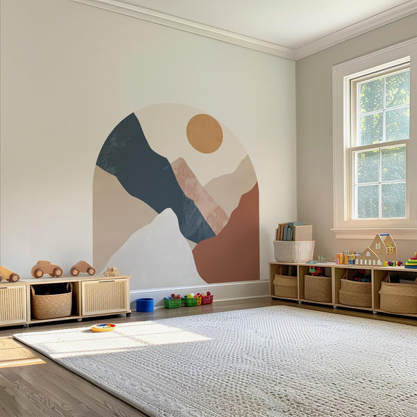 Abstract Mountain Sunset Arch Wall Decal – Neutral Earth Tone Landscape Mural