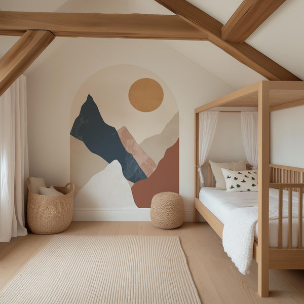 Abstract Mountain Sunset Arch Wall Decal – Neutral Earth Tone Landscape Mural