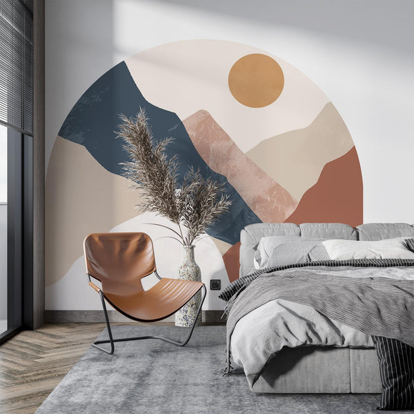 Abstract Mountain Sunset Arch Wall Decal – Neutral Earth Tone Landscape Mural