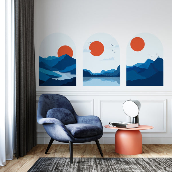 Blue Mountain Sunset Wall Decal: Mid-Century Modern Landscape (3-Set)
