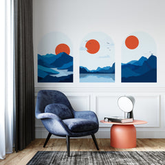 Blue Mountain Sunset Wall Decal: Mid-Century Modern Landscape (3-Set)