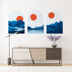 Blue Mountain Sunset Wall Decal: Mid-Century Modern Landscape (3-Set)