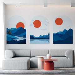 Blue Mountain Sunset Wall Decal: Mid-Century Modern Landscape (3-Set)
