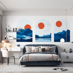 Blue Mountain Sunset Wall Decal: Mid-Century Modern Landscape (3-Set)