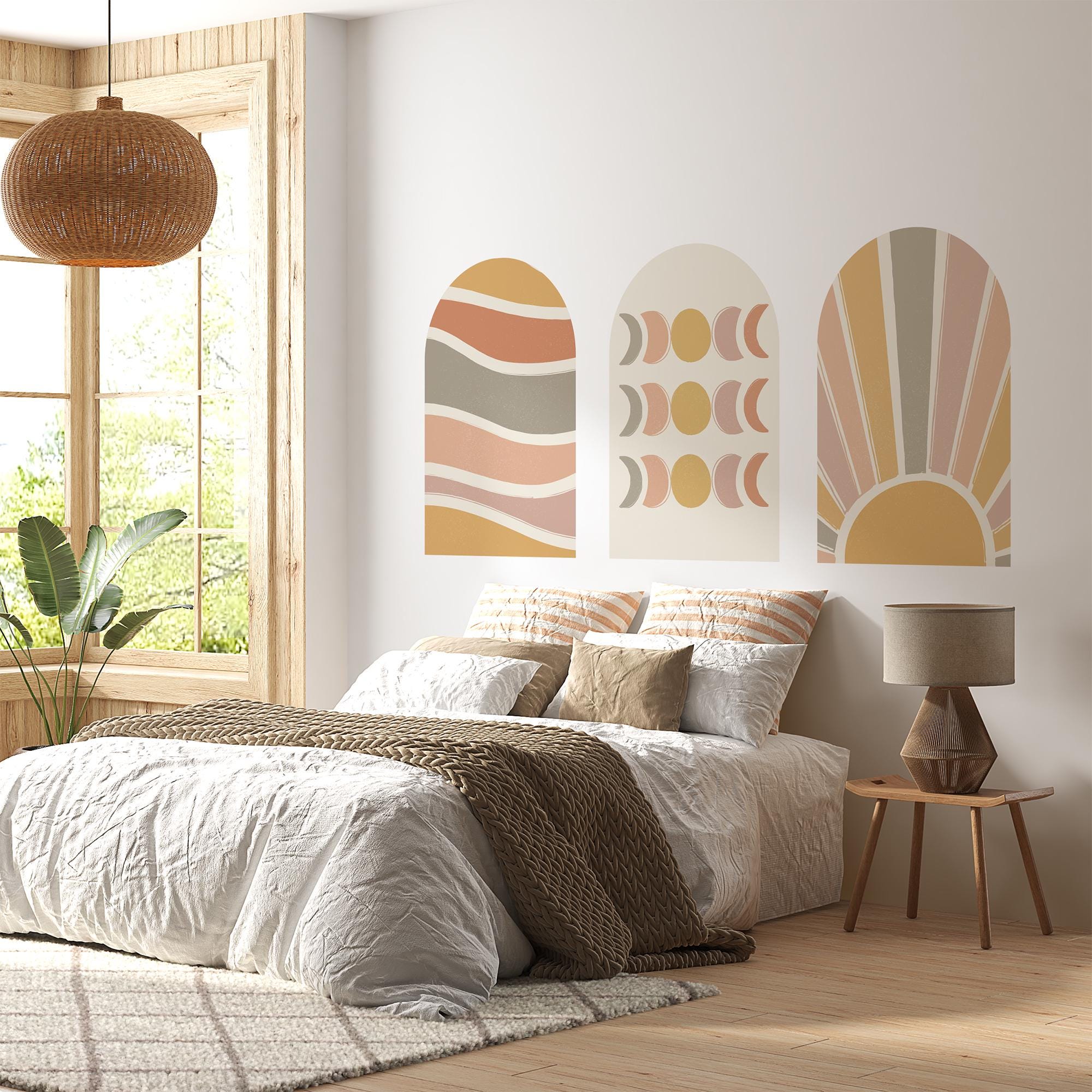 Boho Abstract Arch Wall Decal Set – Terracotta Waves, Moon Phases & Sunburst Mural Trio