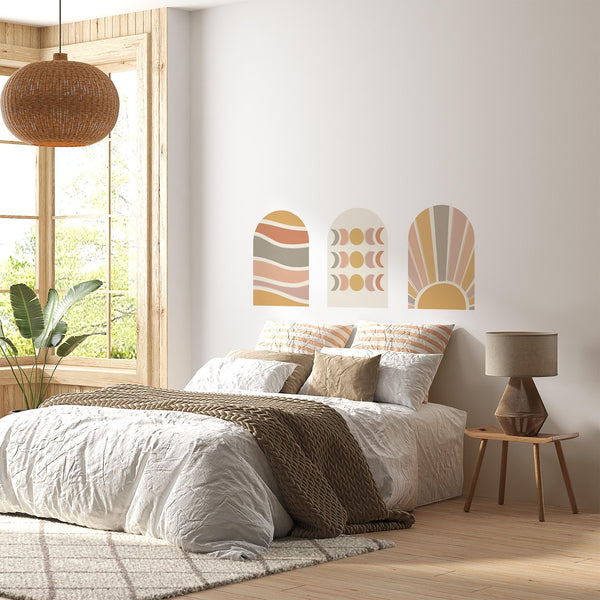 Boho Abstract Arch Wall Decal Set – Terracotta Waves, Moon Phases & Sunburst Mural Trio