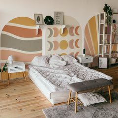 Boho Abstract Arch Wall Decal Set – Terracotta Waves, Moon Phases & Sunburst Mural Trio