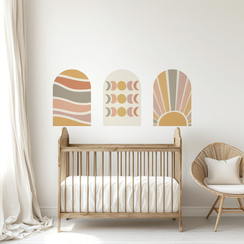 Boho Abstract Arch Wall Decal Set – Terracotta Waves, Moon Phases & Sunburst Mural Trio