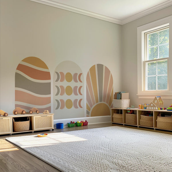 Boho Abstract Arch Wall Decal Set – Terracotta Waves, Moon Phases & Sunburst Mural Trio