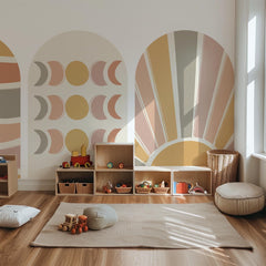 Boho Abstract Arch Wall Decal Set – Terracotta Waves, Moon Phases & Sunburst Mural Trio