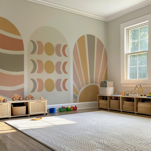 Boho Abstract Arch Wall Decal Set – Terracotta Waves, Moon Phases & Sunburst Mural Trio