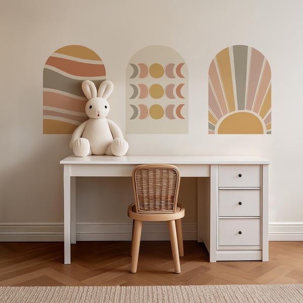 Boho Abstract Arch Wall Decal Set – Terracotta Waves, Moon Phases & Sunburst Mural Trio