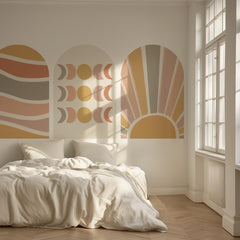 Boho Abstract Arch Wall Decal Set – Terracotta Waves, Moon Phases & Sunburst Mural Trio
