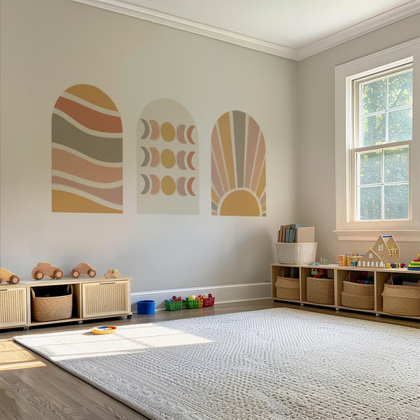 Boho Abstract Arch Wall Decal Set – Terracotta Waves, Moon Phases & Sunburst Mural Trio