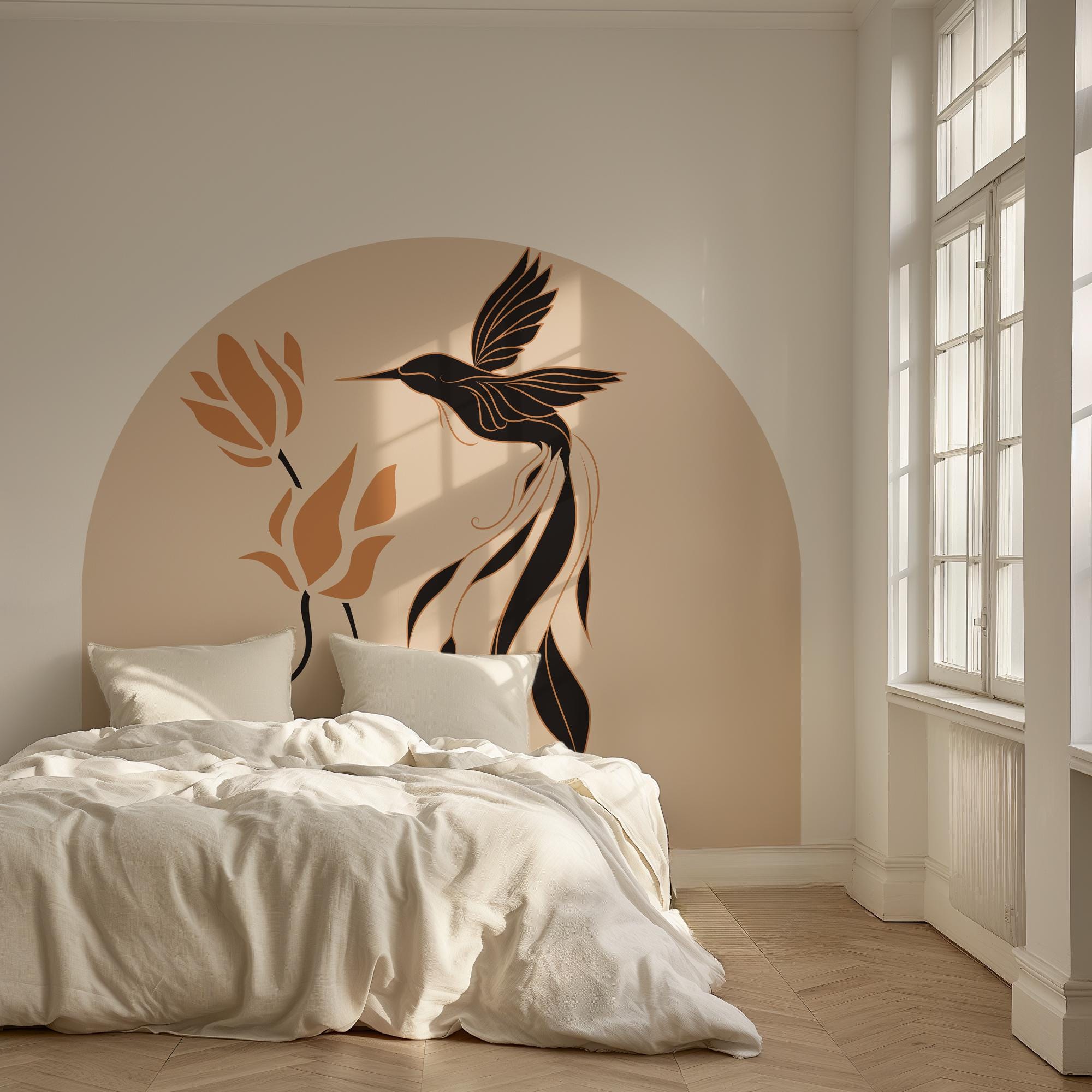 Boho Natural Hummingbird & Flower Arch Wall Decal - Abstract Botanical Bird Wall Mural