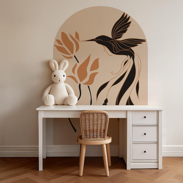 Boho Natural Hummingbird & Flower Arch Wall Decal - Abstract Botanical Bird Wall Mural