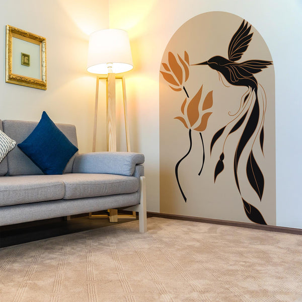 Boho Natural Hummingbird & Flower Arch Wall Decal - Abstract Botanical Bird Wall Mural