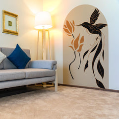 Boho Natural Hummingbird & Flower Arch Wall Decal - Abstract Botanical Bird Wall Mural