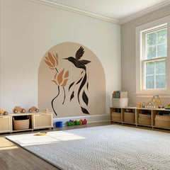 Boho Natural Hummingbird & Flower Arch Wall Decal - Abstract Botanical Bird Wall Mural