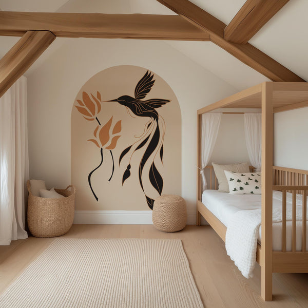 Boho Natural Hummingbird & Flower Arch Wall Decal - Abstract Botanical Bird Wall Mural