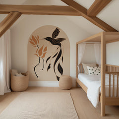 Boho Natural Hummingbird & Flower Arch Wall Decal - Abstract Botanical Bird Wall Mural