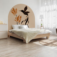 Boho Natural Hummingbird & Flower Arch Wall Decal - Abstract Botanical Bird Wall Mural