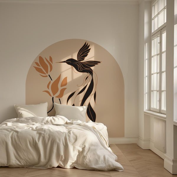 Boho Natural Hummingbird & Flower Arch Wall Decal - Abstract Botanical Bird Wall Mural