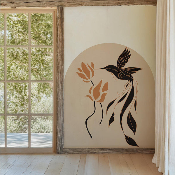 Boho Natural Hummingbird & Flower Arch Wall Decal - Abstract Botanical Bird Wall Mural