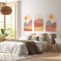 Boho Sunset Arch Wall Decal Set – Terracotta Landscape Peel and Stick Mural for Bedroom or Nursery