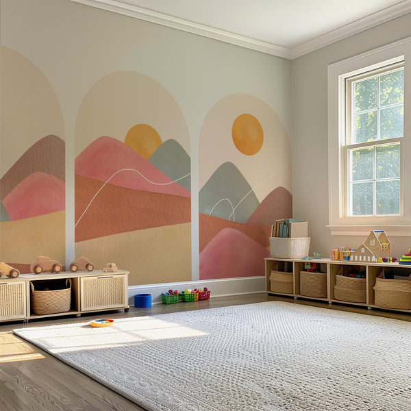 Boho Sunset Arch Wall Decal Set – Terracotta Landscape Peel and Stick Mural for Bedroom or Nursery