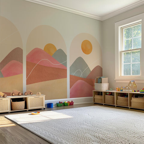 Boho Sunset Arch Wall Decal Set – Terracotta Landscape Peel and Stick Mural for Bedroom or Nursery