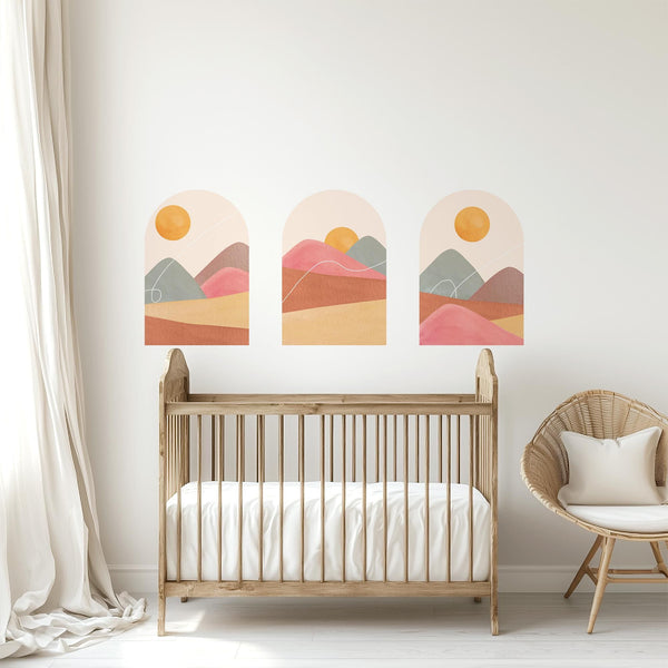 Boho Sunset Arch Wall Decal Set – Terracotta Landscape Peel and Stick Mural for Bedroom or Nursery