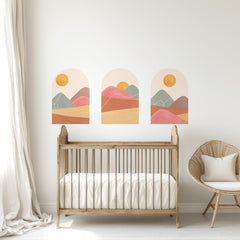 Boho Sunset Arch Wall Decal Set – Terracotta Landscape Peel and Stick Mural for Bedroom or Nursery