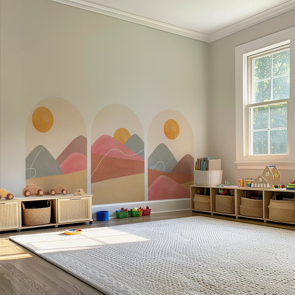 Boho Sunset Arch Wall Decal Set – Terracotta Landscape Peel and Stick Mural for Bedroom or Nursery