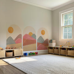 Boho Sunset Arch Wall Decal Set – Terracotta Landscape Peel and Stick Mural for Bedroom or Nursery