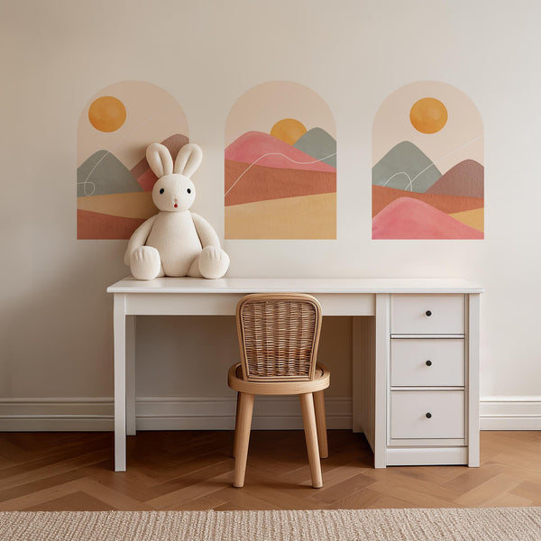 Boho Sunset Arch Wall Decal Set – Terracotta Landscape Peel and Stick Mural for Bedroom or Nursery
