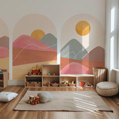 Boho Sunset Arch Wall Decal Set – Terracotta Landscape Peel and Stick Mural for Bedroom or Nursery