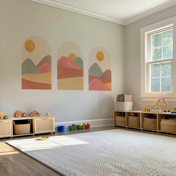 Boho Sunset Arch Wall Decal Set – Terracotta Landscape Peel and Stick Mural for Bedroom or Nursery