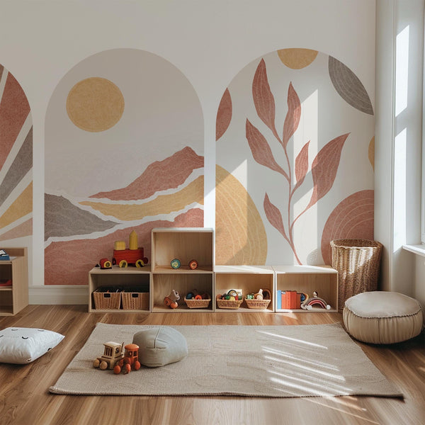 Boho Terracotta Arch Wall Decal: Sunrise, Mountain & Leaf Mural – Peel and Stick Set or Single Arch Option