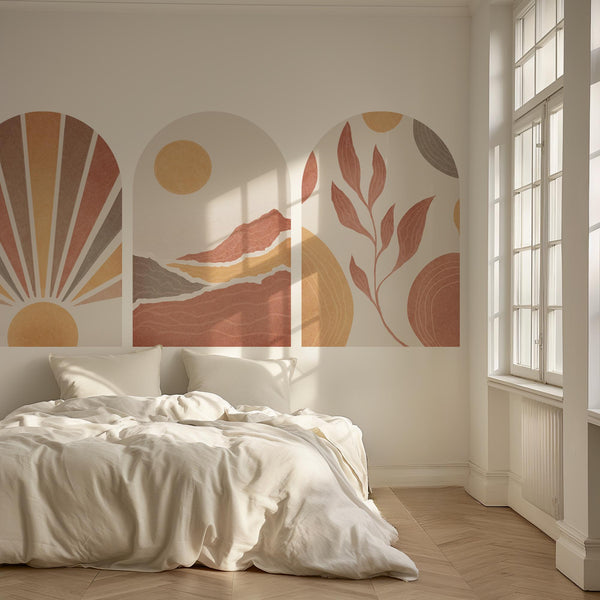 Boho Terracotta Arch Wall Decal: Sunrise, Mountain & Leaf Mural – Peel and Stick Set or Single Arch Option