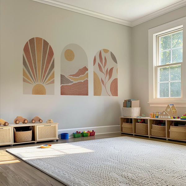 Boho Terracotta Arch Wall Decal: Sunrise, Mountain & Leaf Mural – Peel and Stick Set or Single Arch Option