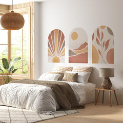 Boho Terracotta Arch Wall Decal: Sunrise, Mountain & Leaf Mural – Peel and Stick Set or Single Arch Option