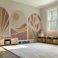 Boho Terracotta Arch Wall Decal: Sunrise, Mountain & Leaf Mural – Peel and Stick Set or Single Arch Option