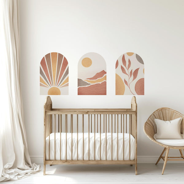 Boho Terracotta Arch Wall Decal: Sunrise, Mountain & Leaf Mural – Peel and Stick Set or Single Arch Option