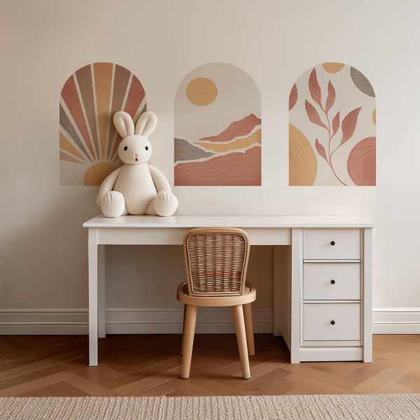 Boho Terracotta Arch Wall Decal: Sunrise, Mountain & Leaf Mural – Peel and Stick Set or Single Arch Option