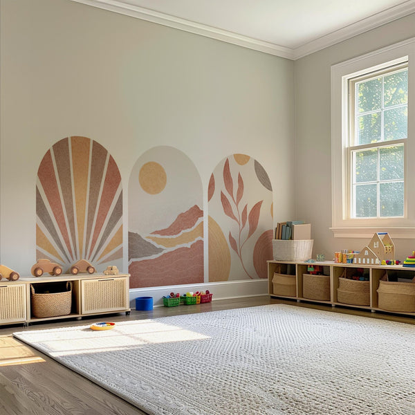 Boho Terracotta Arch Wall Decal: Sunrise, Mountain & Leaf Mural – Peel and Stick Set or Single Arch Option