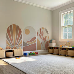 Boho Terracotta Arch Wall Decal: Sunrise, Mountain & Leaf Mural – Peel and Stick Set or Single Arch Option