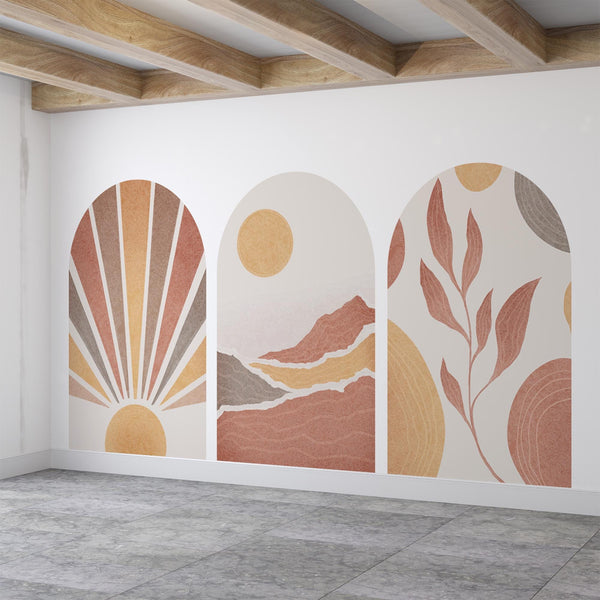 Boho Terracotta Arch Wall Decal: Sunrise, Mountain & Leaf Mural – Peel and Stick Set or Single Arch Option