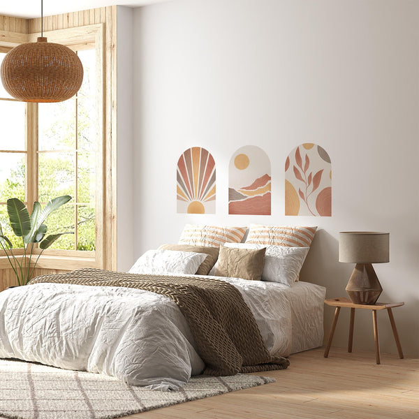 Boho Terracotta Arch Wall Decal: Sunrise, Mountain & Leaf Mural – Peel and Stick Set or Single Arch Option