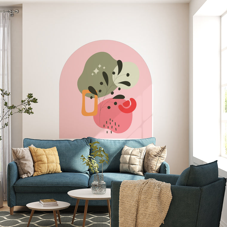 Botanical Abstract Pink Arch Wall Decal – Modern Art Wall Mural for Living Room, Bedroom, Nursery & Creative Spaces